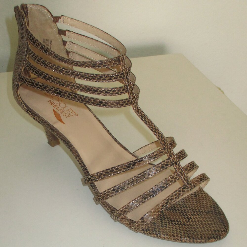 Aerosoles Heelrest "Limeaid" Womens Tan Faux Snakeskin T-Strap Heel Sandal - 11M